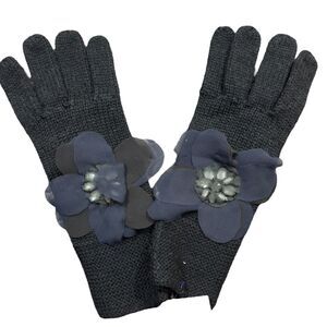 Womens Chunky Winter Warm Wool Knitted Gloves with Chiffon Flower Detail - Black